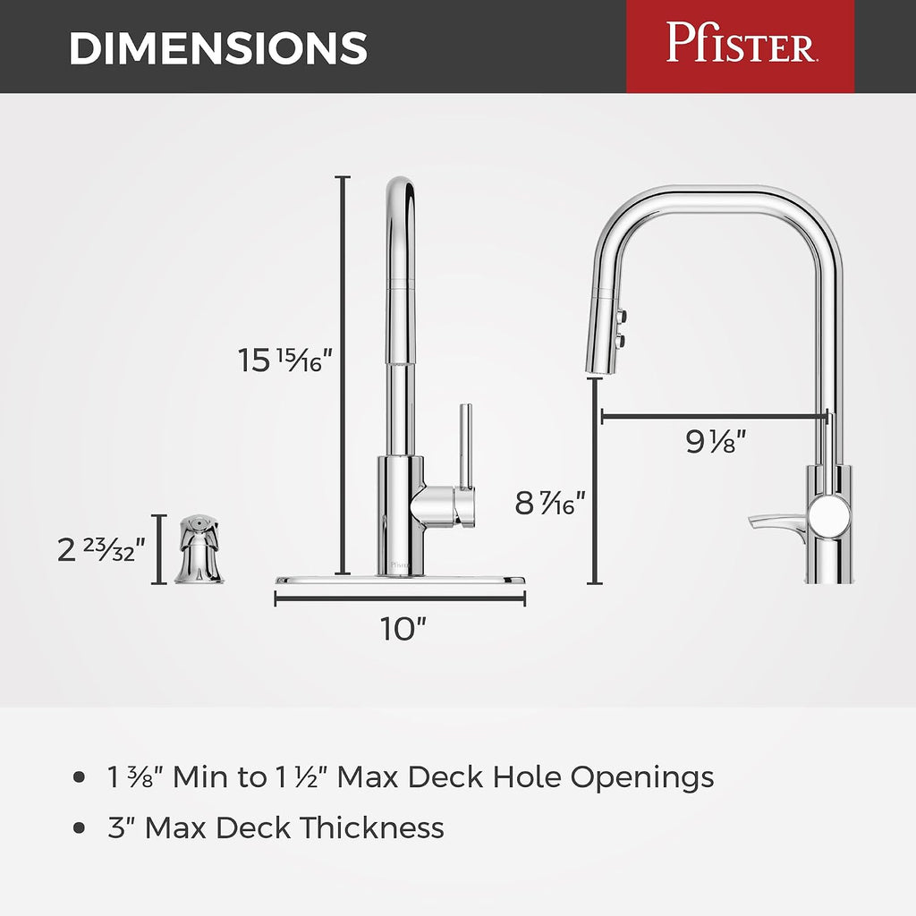 Pfister Zanna Kitchen Faucet with Pull Down Sprayer and Soap Dispenser, Single Handle, High Arc, NSF Certified, Polished Chrome Finish, F5297ZNRC