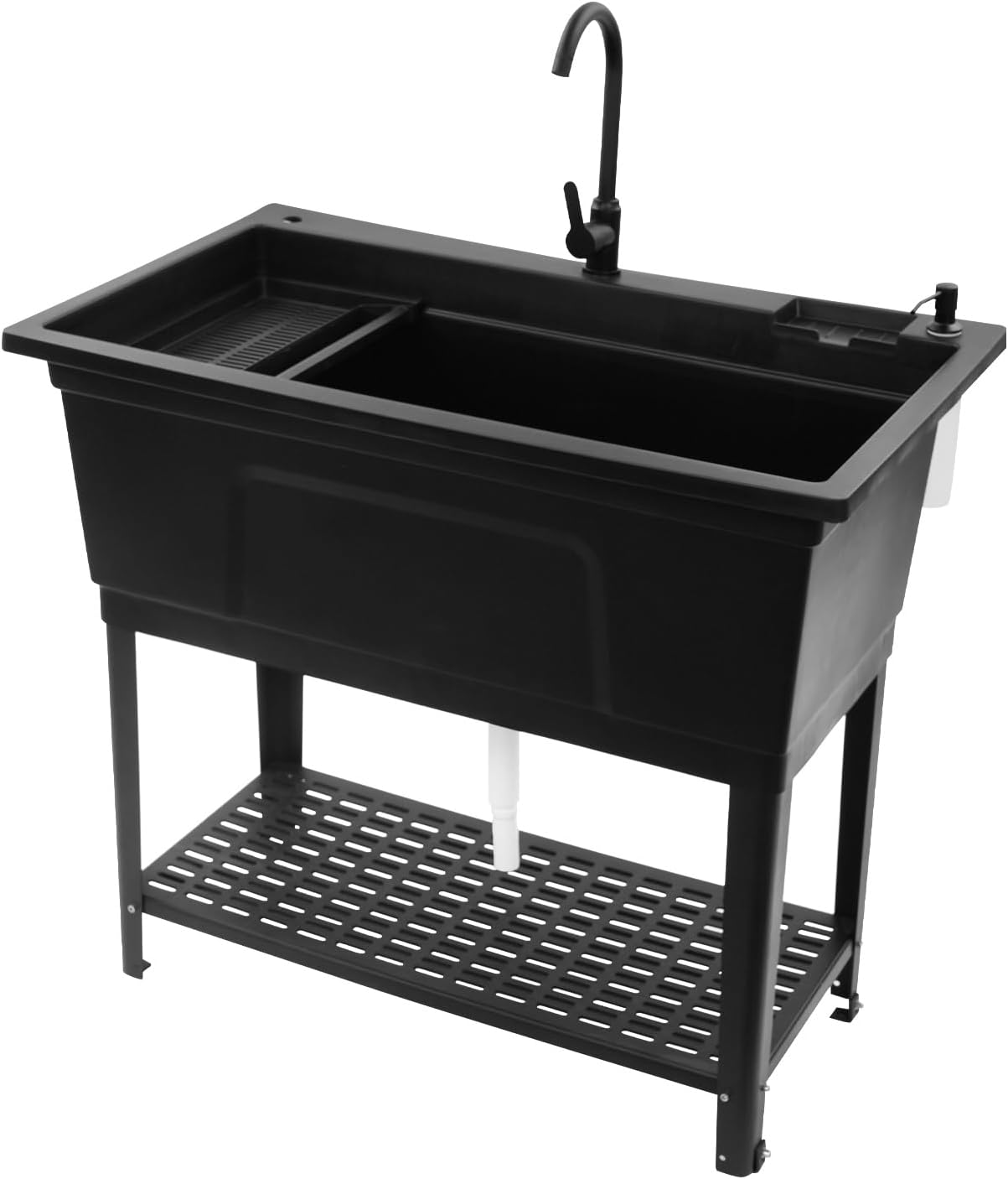 Free Standing Utility Sink, 39.9'L × 15'W × 23.6'H Freestanding Sink with Cold and Hot Water Faucet,Hoses, Soap Dispenser and Drain Kit for Kitchens, Bathrooms