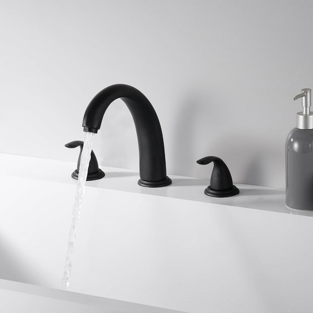 SUMERAIN Matte Black 3 Hole Deck Mounted Widespread Roman Tub Faucet Set with Valve, Classic
