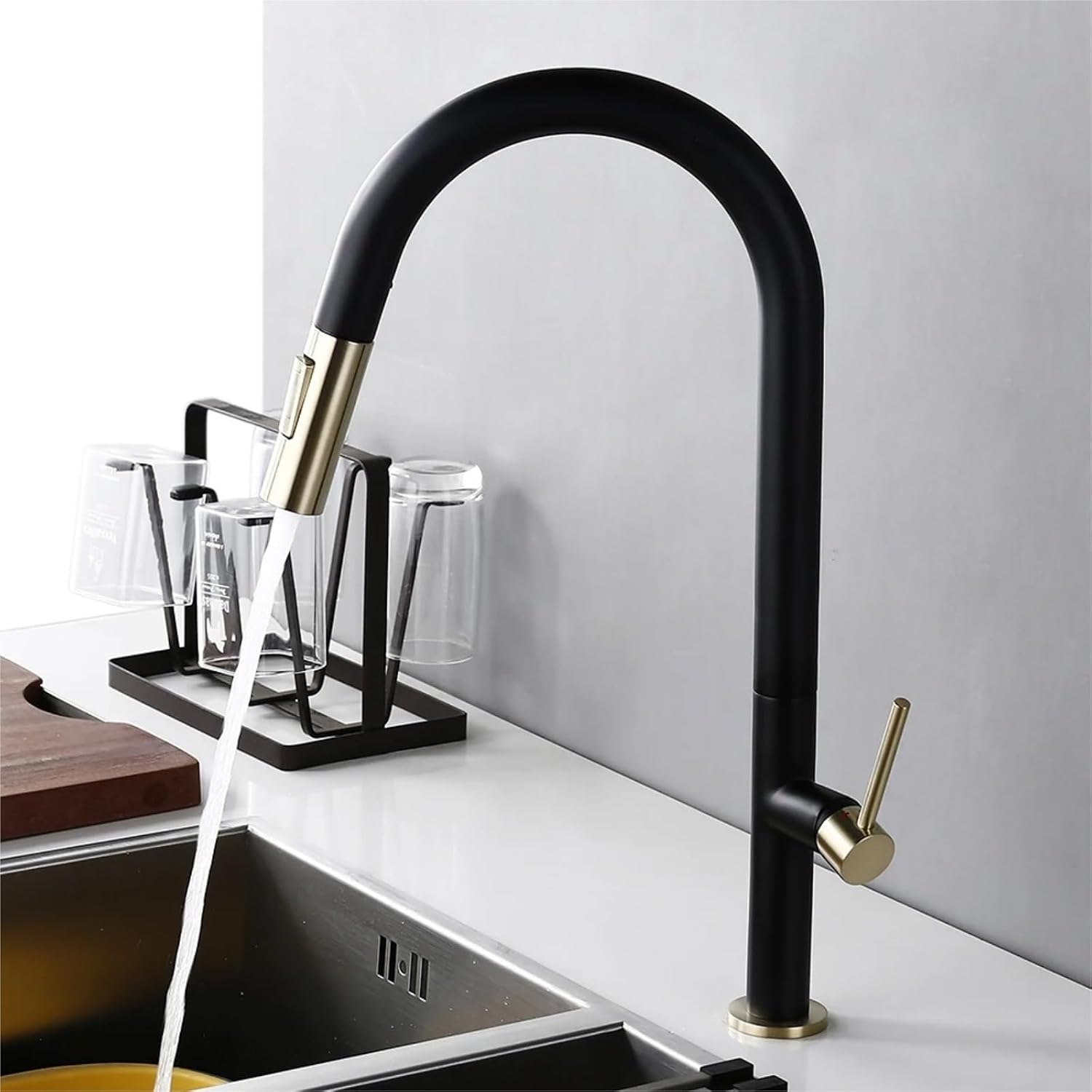 Kitchen Mixer Sink Tap Hot Cold Water 360 Degree Rotation Pull Out Brass Faucet(Black Gold)
