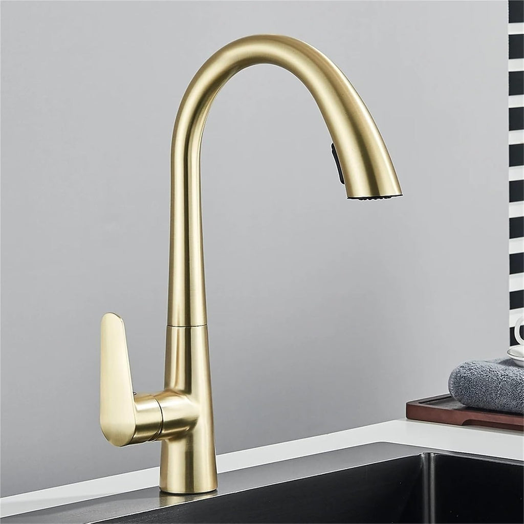 Kitchen Faucet Flexible Pull Out Mixer Tap Deck Mounted 360 Swivel 2 Mode Hot Cold Water Faucets(Brushed Gold)
