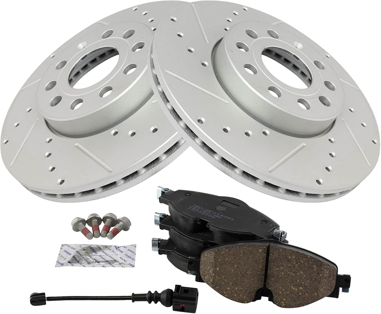 TRQ Performance Front Brake Pad and Rotor Set Ceramic Coated Drilled Slotted Rotors Compatible with 2015-2016 Audi A3 2015-2021 Volkswagen e-Golf Golf 2015-2019 SportWagen 2019-2021 Jetta