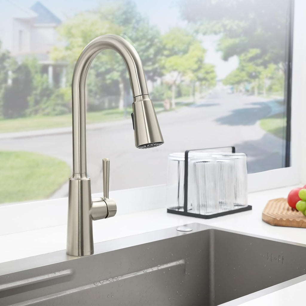 Lava Odoro Brushed Nickel Kitchen Faucet with Pull Down Sprayer, Modern Kitchen Sink Faucet with Magnetic Docking Spray 2-Function, Single Handle Faucet for Kitchen Sink 1 Hole and 3 Hole, KF241-BN