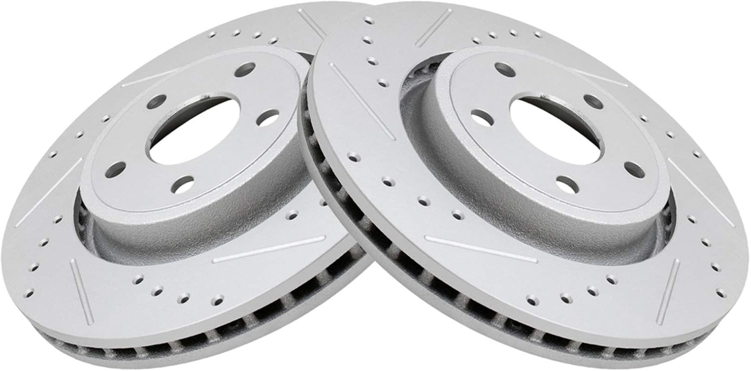 TRQ Performance Front Brake Pad and Rotor Set Ceramic Coated Drilled Slotted Vented Rotors Compatible with 2011-2016 Dodge Durango Grand Cherokee