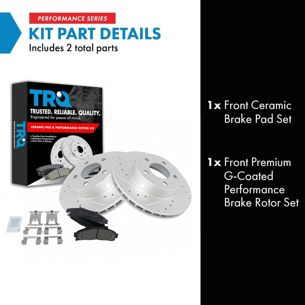 TRQ Front Brake Pad and Rotor Kit Ceramic Slotted Drilled G-Coated Vented Compatible with 1995-2001 Ford Explorer 1998-2002 Ranger 1998-2002 Mazda B3000 1998-2002 B4000 1997-2001 Mercury Mountaineer