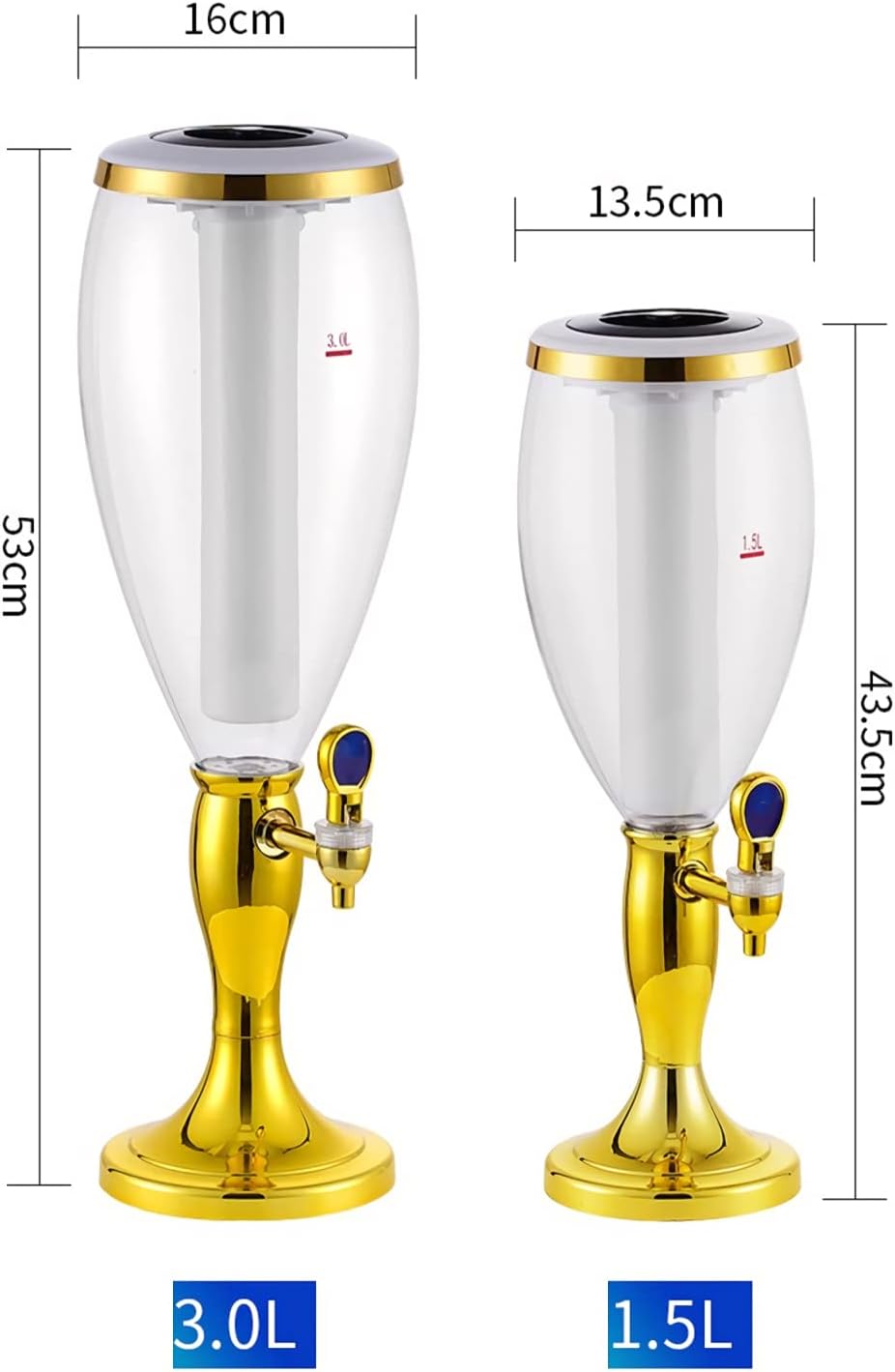 Beer Dispenser Tabletop Beer Dispenser Gold Beverage Dispenser, 1.5L/ 3L Beer Tower with Faucet, Lights and Ice Tube, Perfect for Bar Party Restaurant KTV Restaurant (1.5L)