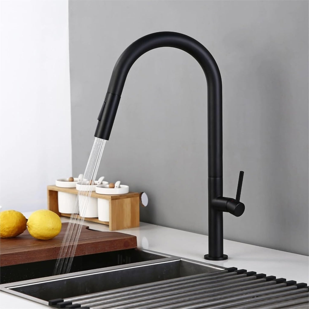 Brass Brushed Gold Black 360 Oegree Rotation Kitchen Hot and Cold Water Sink Taps Pull Out Spout Kitchen Faucet(Black)