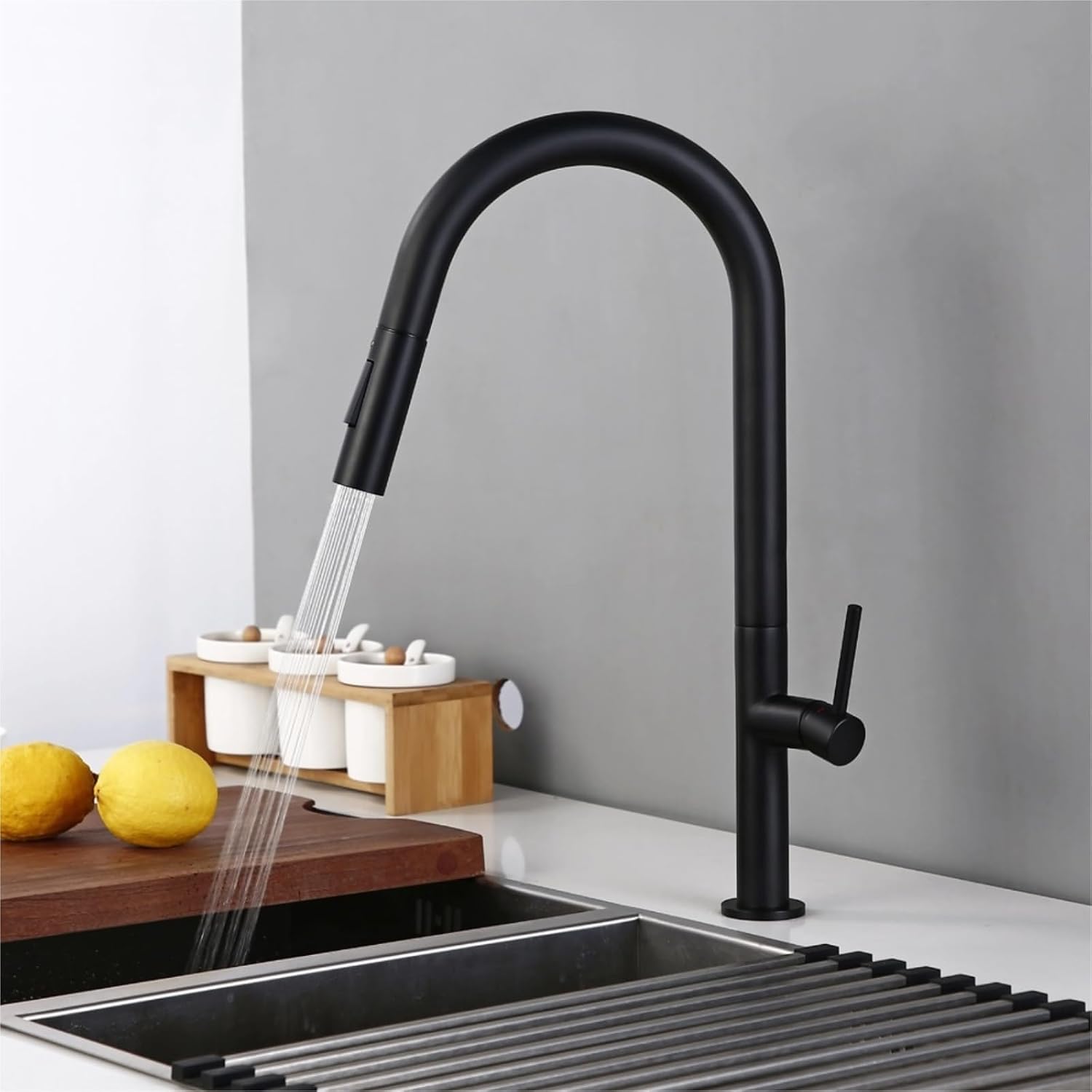 Brass Brushed Gold Black 360 Oegree Rotation Kitchen Hot and Cold Water Sink Taps Pull Out Spout Kitchen Faucet(Black)
