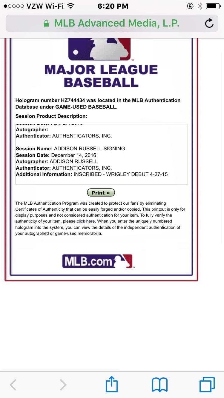 Addison Russell Cubs Inscribed Wrigley Debut Signed Game Used Baseball MLB Holo - MLB Autographed Game Used Baseballs