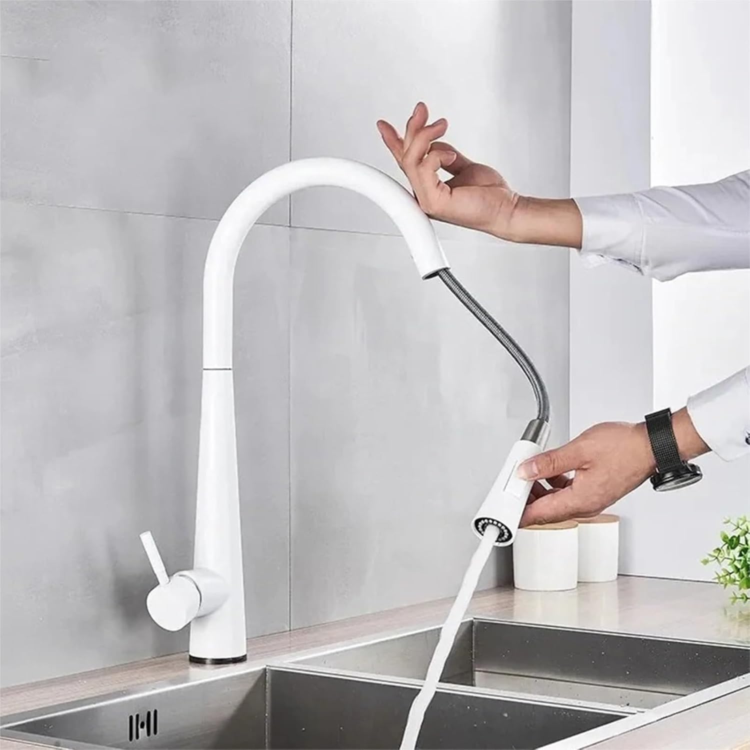 Kitchen Faucet Pull Out Kitchen Sink Water Single Handle Mixer 360 Rotation Hot Cold Faucets(White)