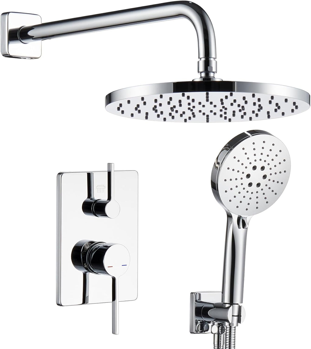 Shower System Set Includes 10-Inch Rainfall Shower Head, 3-Setting Handheld Spray and Pressure Balance Valve, Polished Chrome Wall Mounted SF001CH-D10