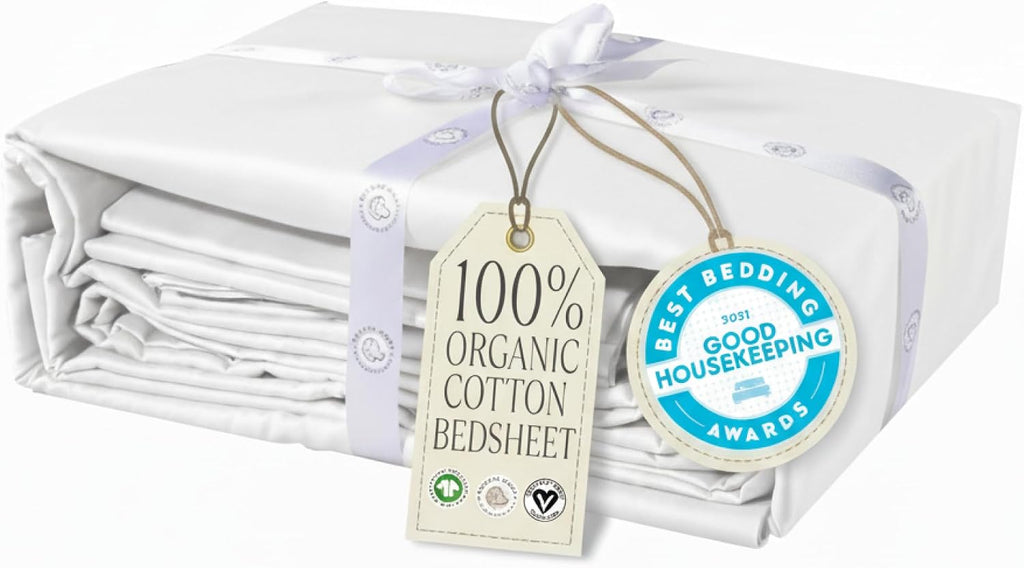 Delilah Home 100% Organic Cotton Twin Bed Sheet Set, GOTS & Vegan.org Verified, Long Stem 300 TC Sateen Bedding, Non-Synthetic, Deep Pocket Fitted Linen, Lightweight, All-Season, 3 Piece Set - White