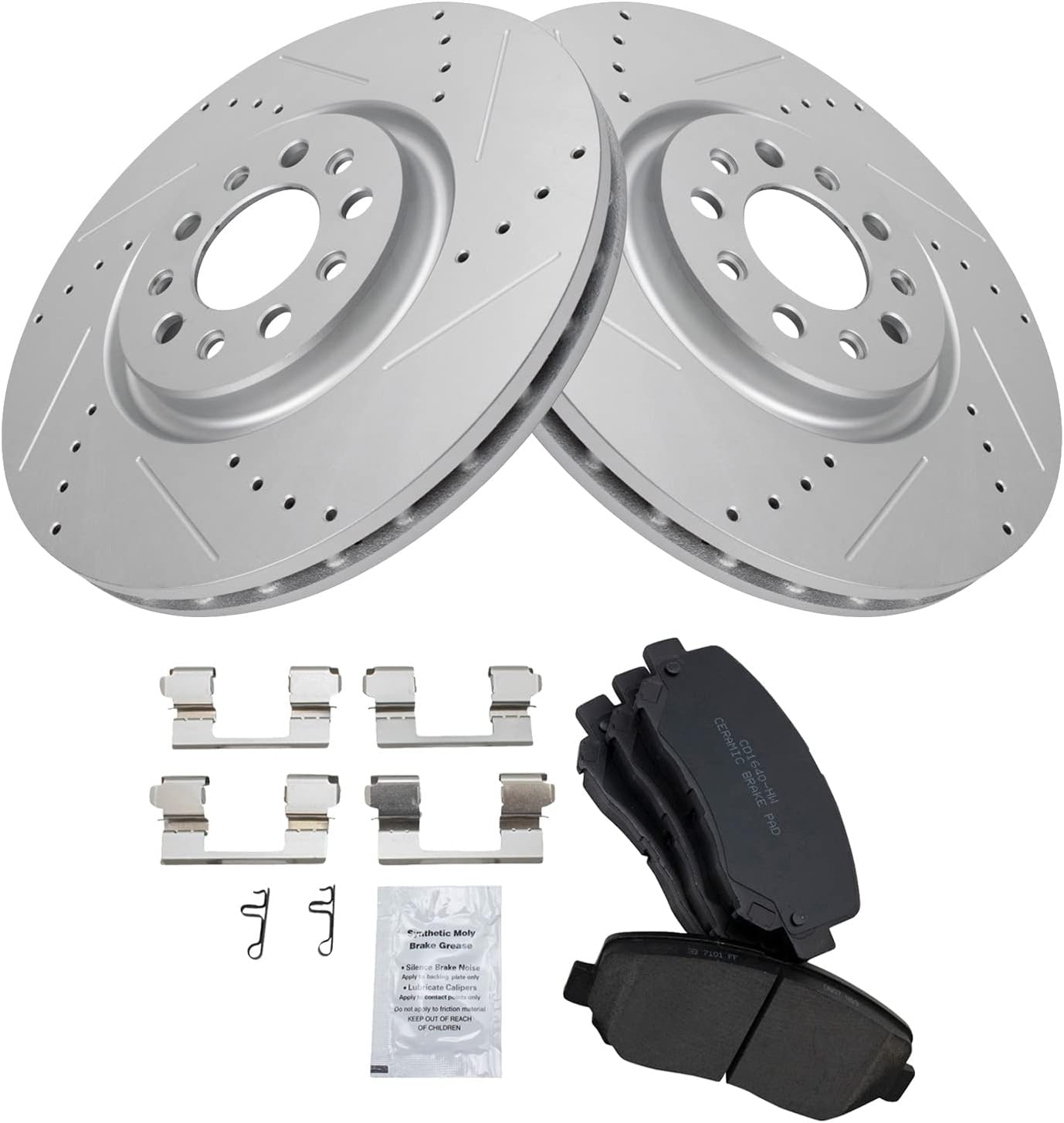 TRQ Performance Front Brake Pad and Rotor Set Ceramic Drilled Slotted Coated Rotors Compatible with 2014-2022 Jeep Cherokee 2015-2017 Chrysler 200