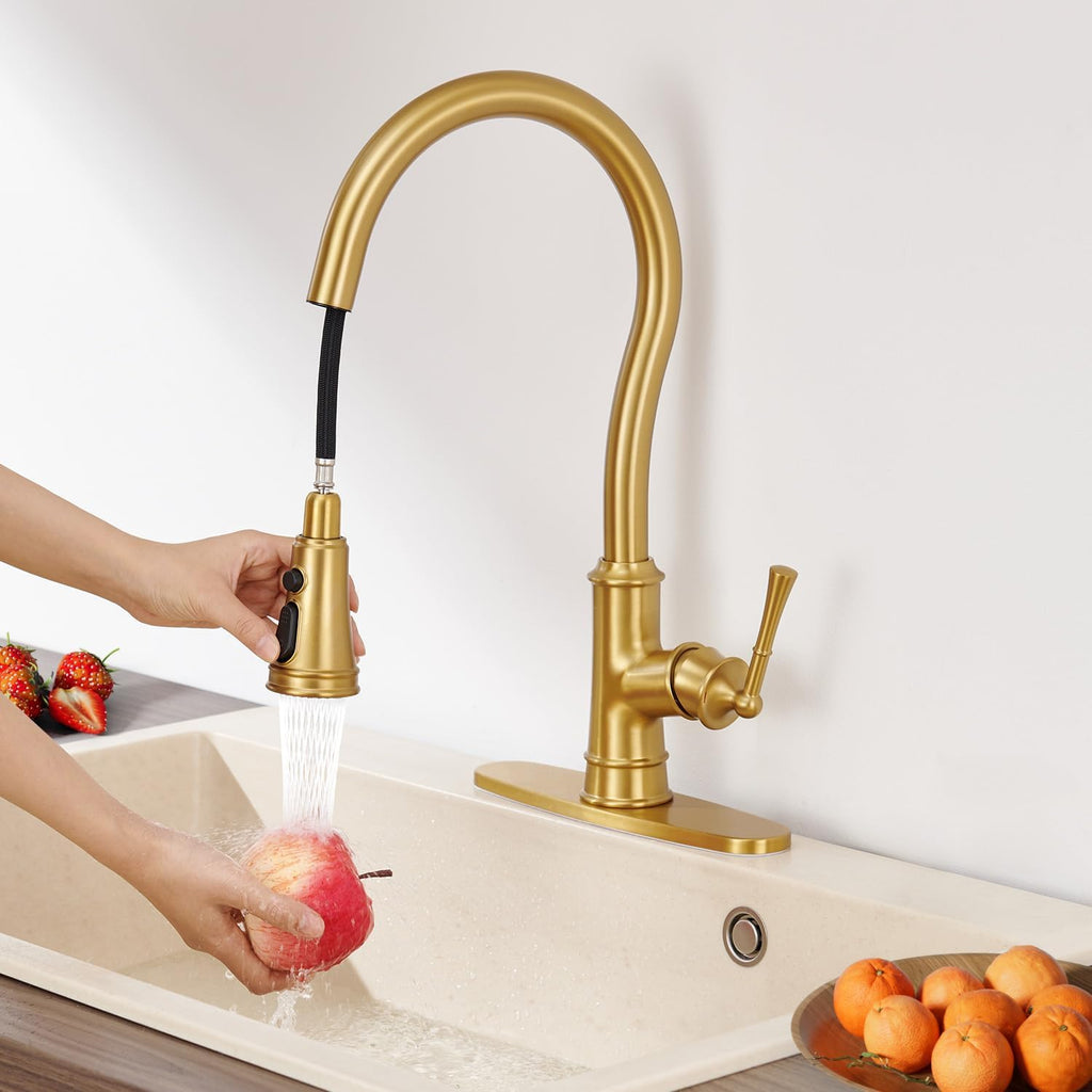 Kitchen Faucet with Pull Down Sprayer, Gold Vintage Brass Kitchen Sink Faucet High Arc Single Handle with Deck Plate 1 or 3 Hole, Ideal for Laundry Farmhouse Outdoor RV