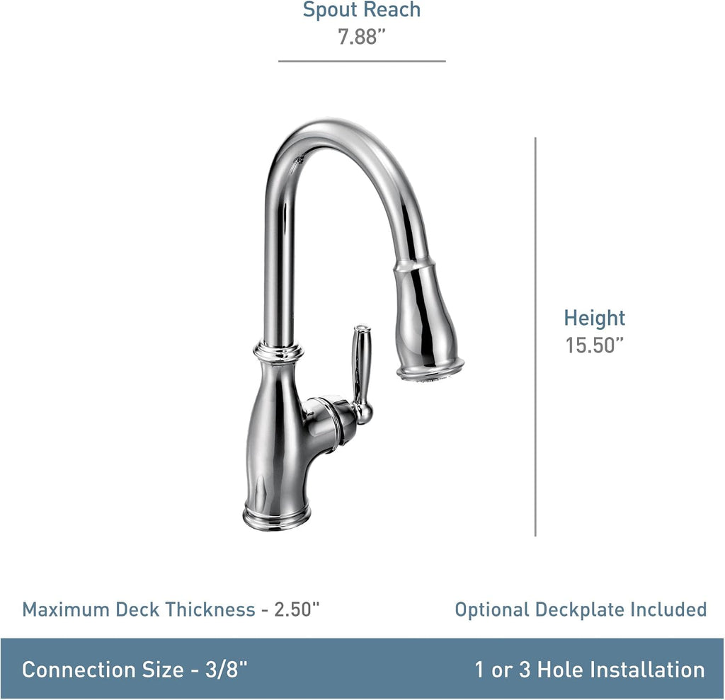 Moen Brantford Chrome Traditional One-Handle Kitchen Faucet with Pulldown Sprayer Featuring Power Boost and Reflex Docking System, 7185C