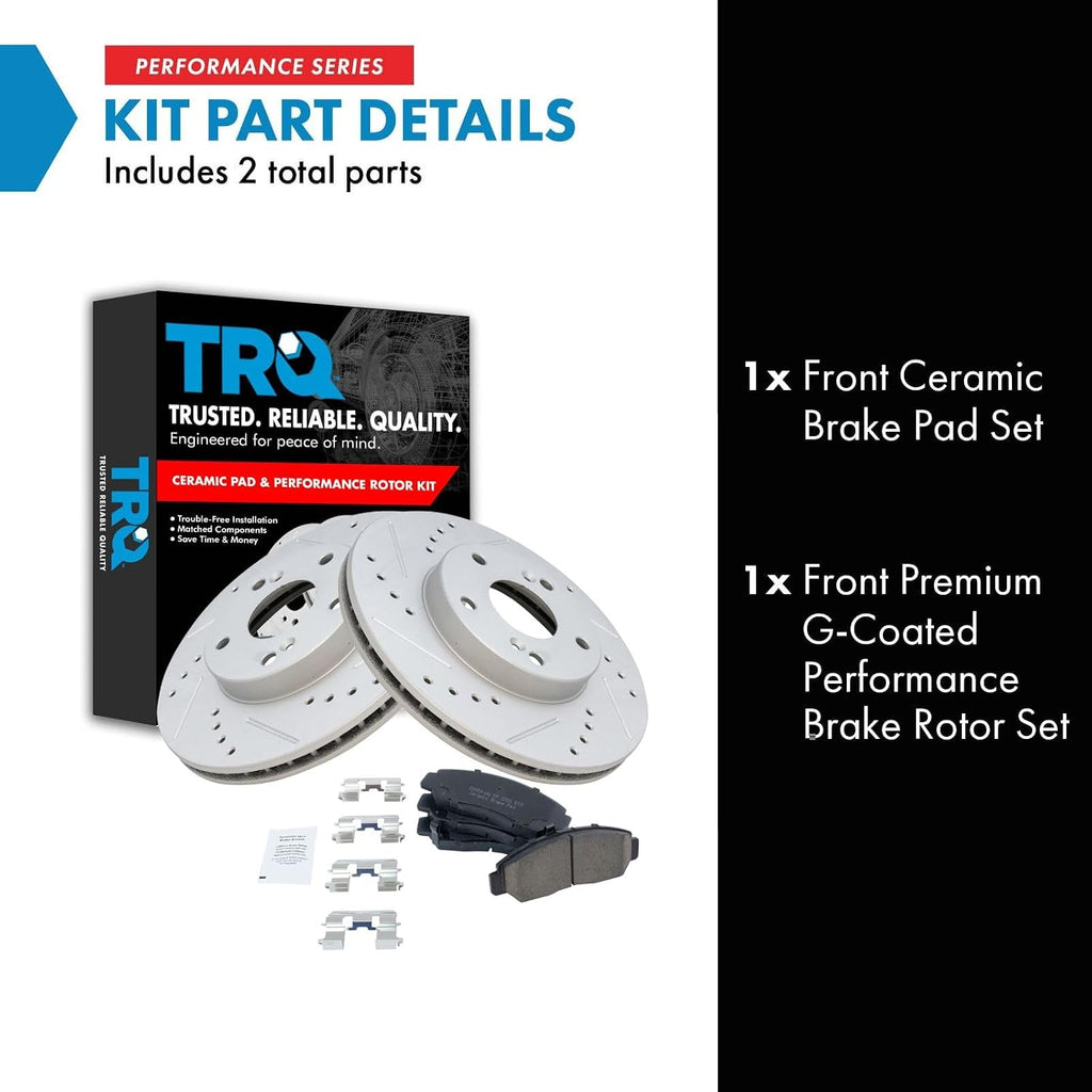 TRQ Performance Front Brake Pad and Rotor Set Ceramic Drilled Slotted Coated Vented Rotors Compatible with 2003-2007 Honda Accord 2006-2010 Civic