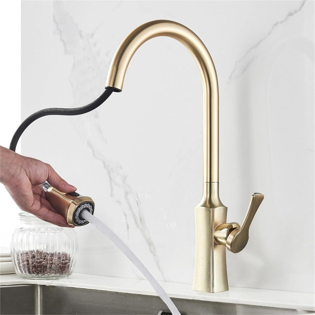 Kitchen Faucet Hot and Cold Water Mixer Faucet Kitchen Pull Out Mixer Crane 2 Function Spout Brass Water Mixer(Brushed Gold)