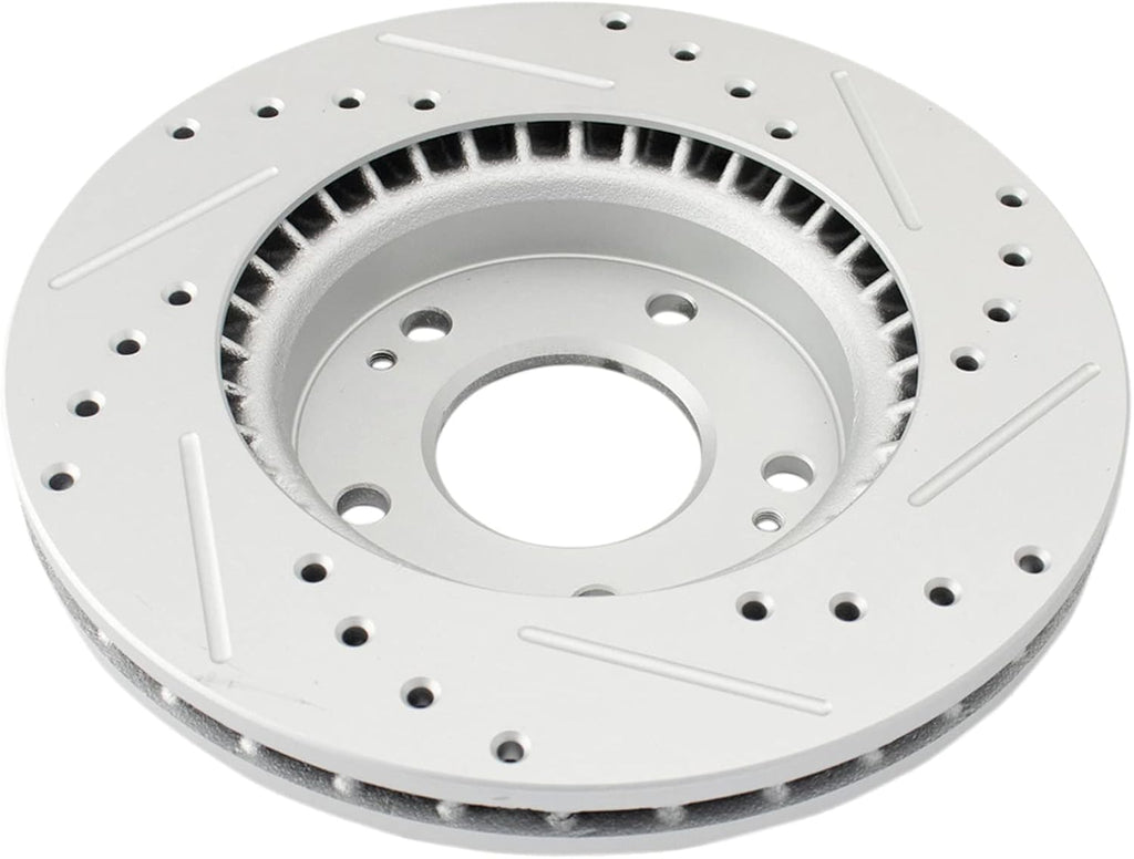 TRQ Performance Front Brake Pad and Rotor Set Ceramic Drilled Slotted G Coated Vented Rotors Compatible with 2007-2010 Hyundai Elantra