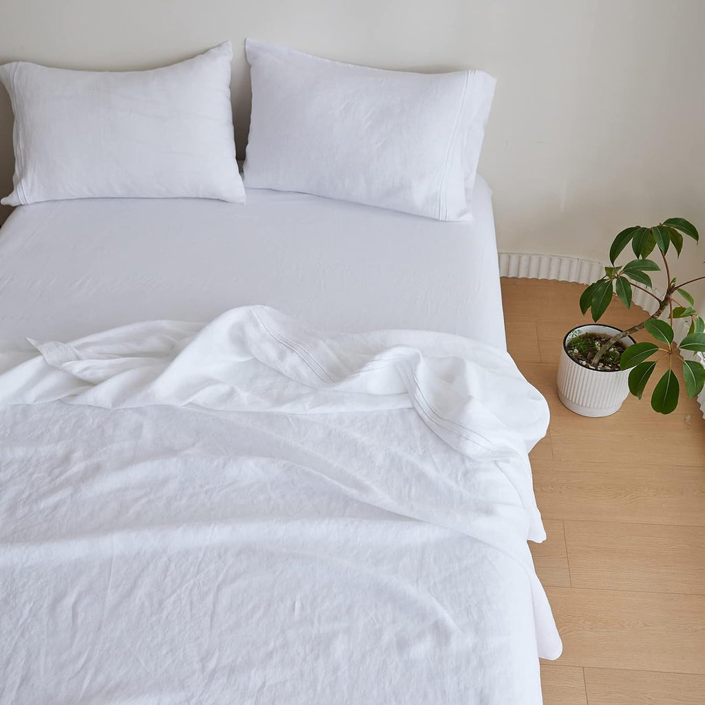 Simple&Opulence 100% Linen Sheet Set 4 Pieces Natural France Flax Bed Sheet (1 Flat Sheet, 1 Fitted Sheet, 2 Pillowcases) Breathable Luxury Hotel Bedding - Embroidery White, King Size