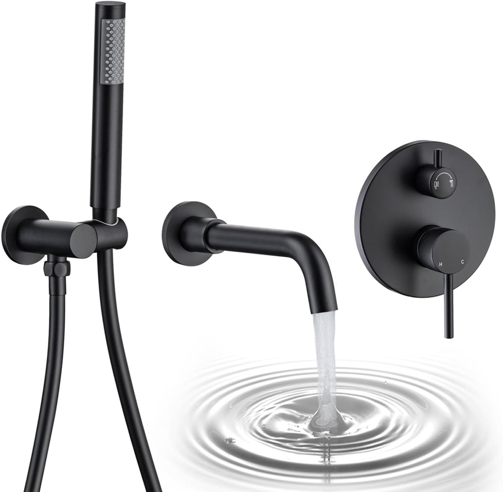 AZOS Wall Mounted Bathtub Faucet with Handheld Shower, High Flow Rate Tub Filler Faucet Set with 360° Swivel Spout Fixtures, Matte Black Tub Faucets