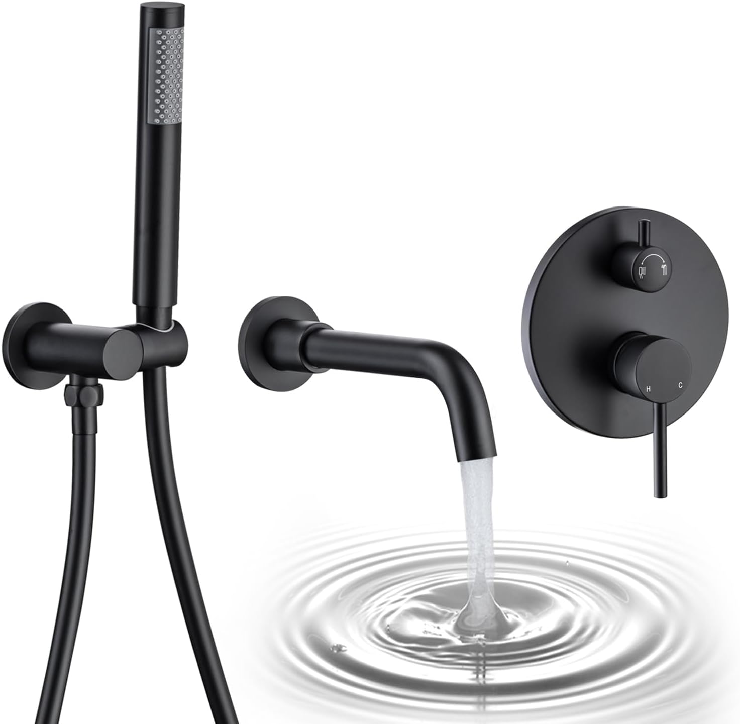 AZOS Wall Mounted Bathtub Faucet with Handheld Shower, High Flow Rate Tub Filler Faucet Set with 360° Swivel Spout Fixtures, Matte Black Tub Faucets