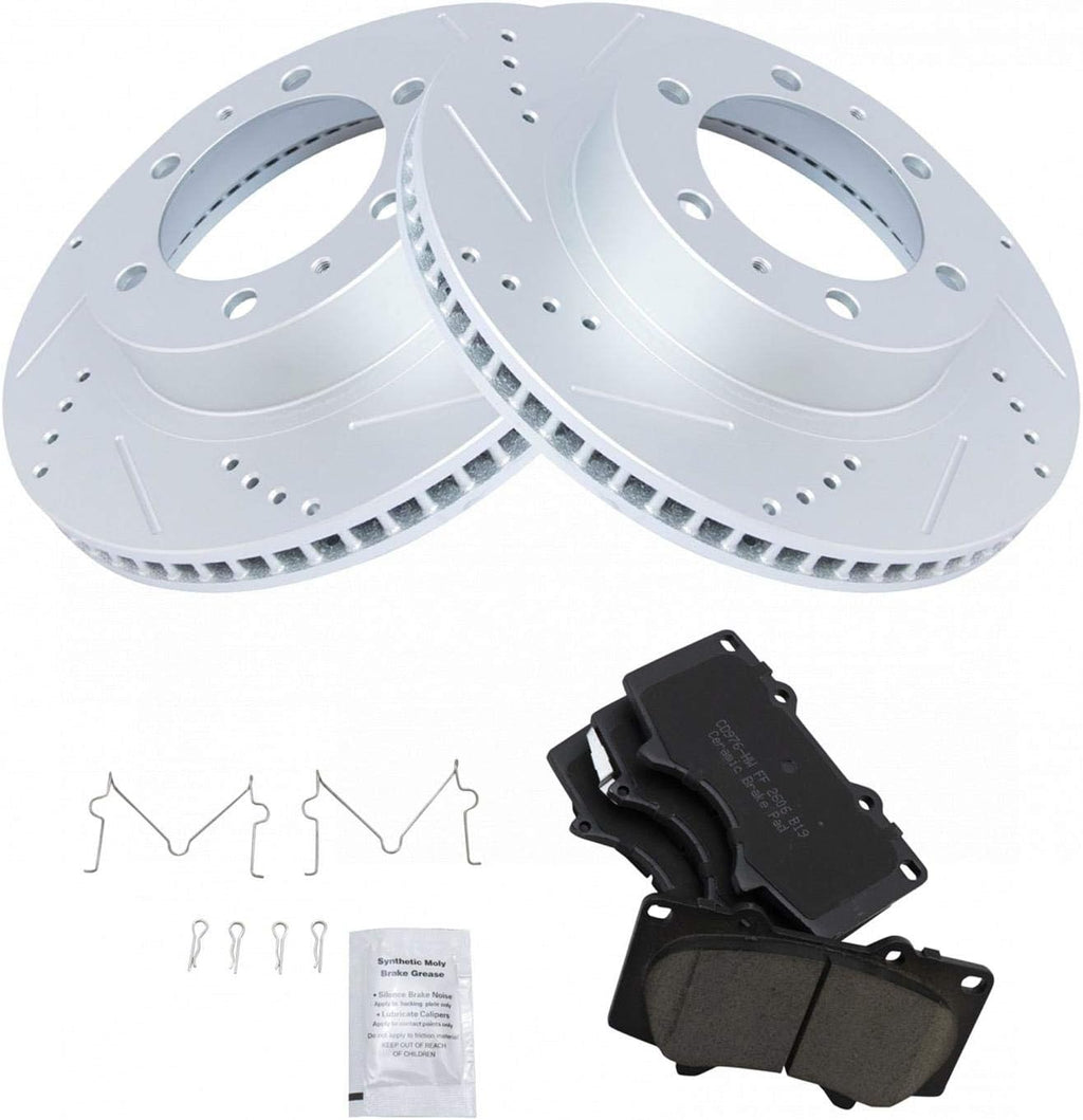 TRQ Performance Front Brake Pad and Rotor Set Ceramic Coated Drilled Slotted Vented Rotors Compatible with 2003-2009 Toyota 4Runner 2007-2014 FJ Cruiser 2005-2022 Tacoma