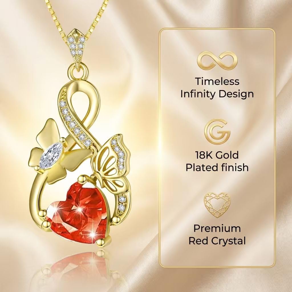 Gold Jewelry for Women Wife Infinity Necklace 18K White Gold Plated Dainty Butterfly Pendant with Heart Birthstone - Anniversary Necklaces for Women Birthday Gift Ideas Present for Girlfriend Mom Daughter