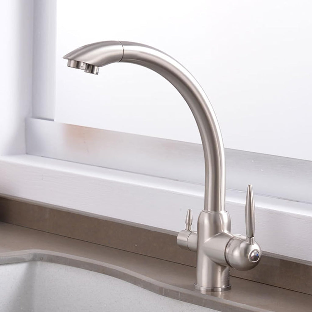 Kitchen 3 Way Faucets Mixer Brass 3 Way Faucets for Kitchen Sink Double Outlet Hot and Cold Water-Brushed