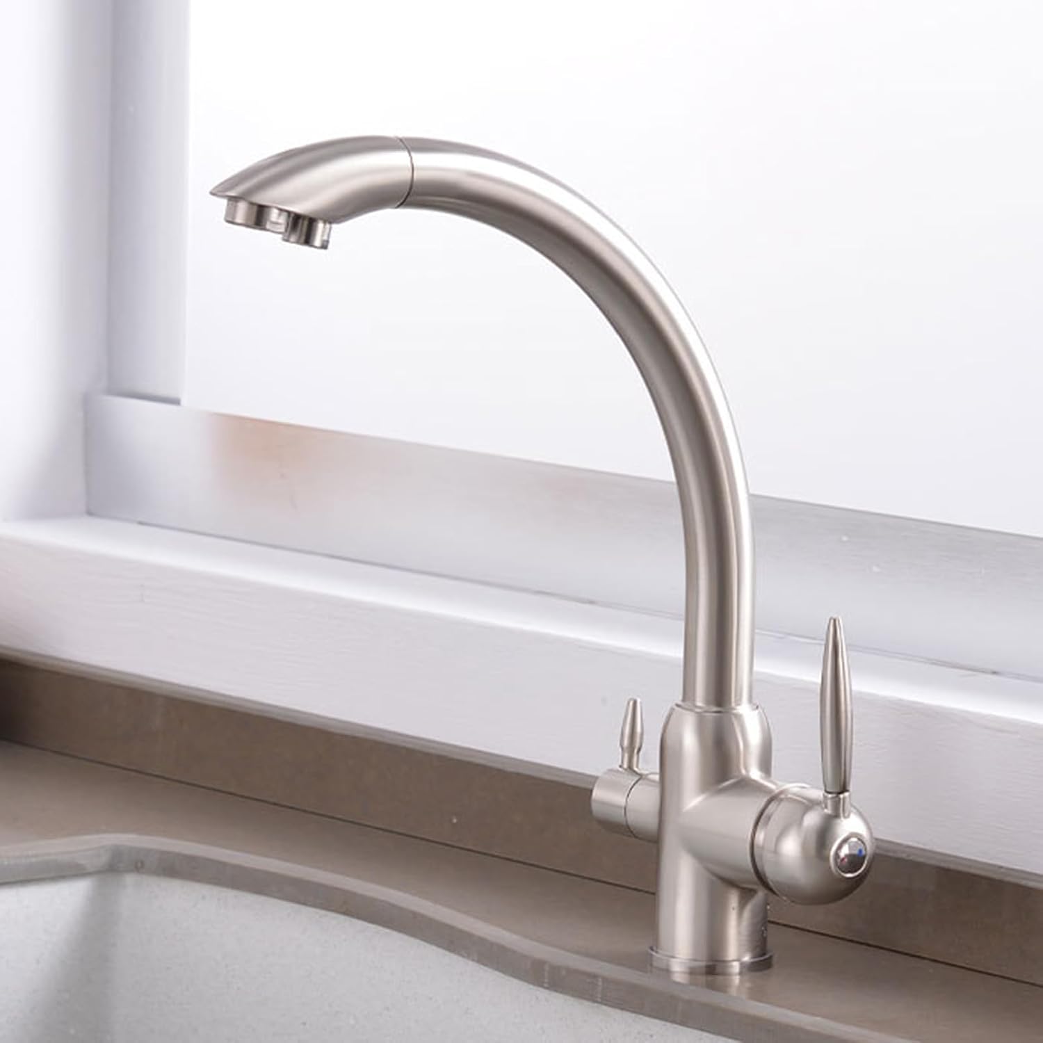 Kitchen 3 Way Faucets Mixer Brass 3 Way Faucets for Kitchen Sink Double Outlet Hot and Cold Water-Brushed