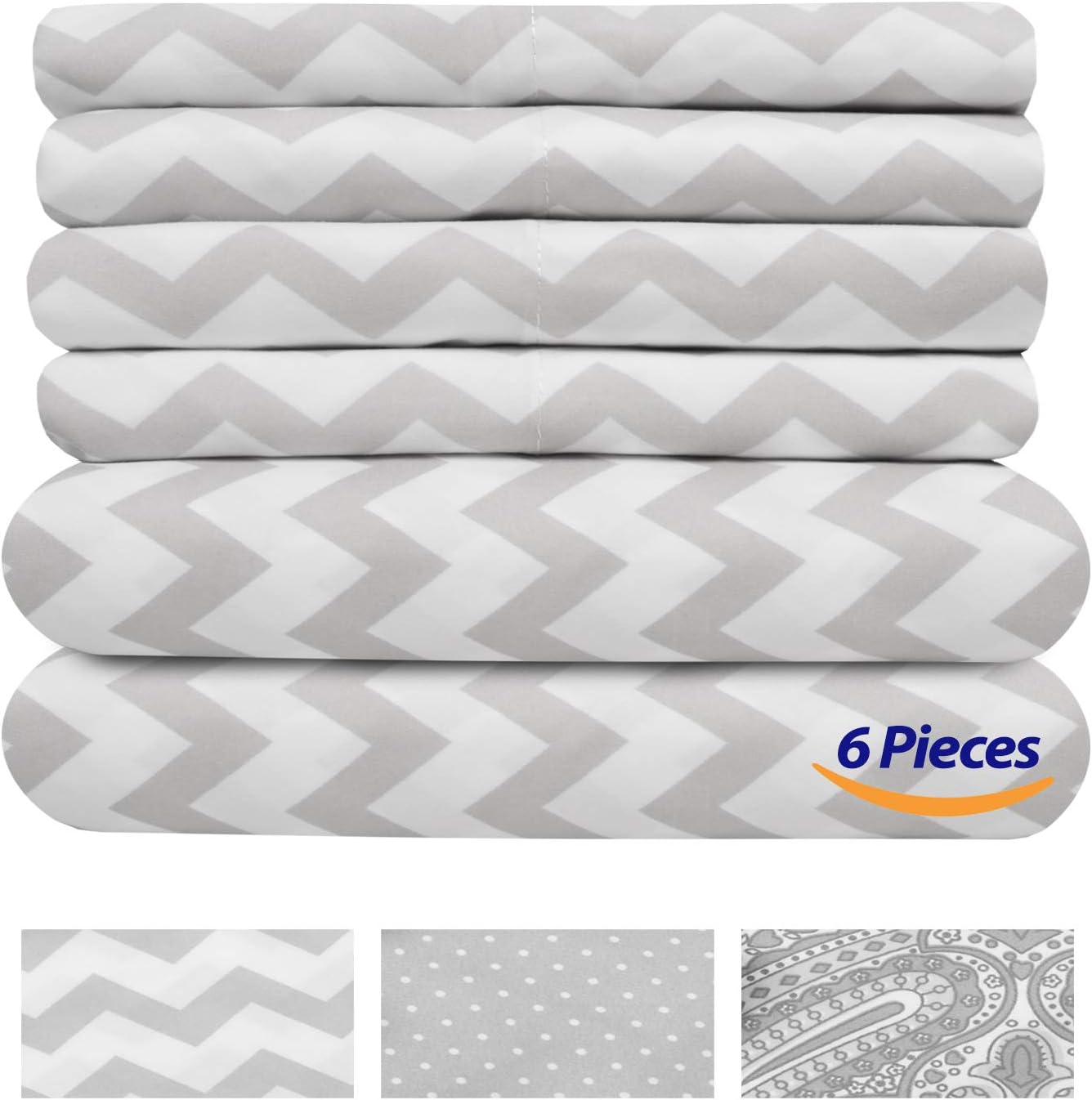 Sweet Home Collection Queen Sheets - 6 Piece 1500 Thread Count Fine Brushed Microfiber Deep Pocket Set - Extra Pillow Cases, Great Value, Queen, Chevron Gray (Pack of 12)