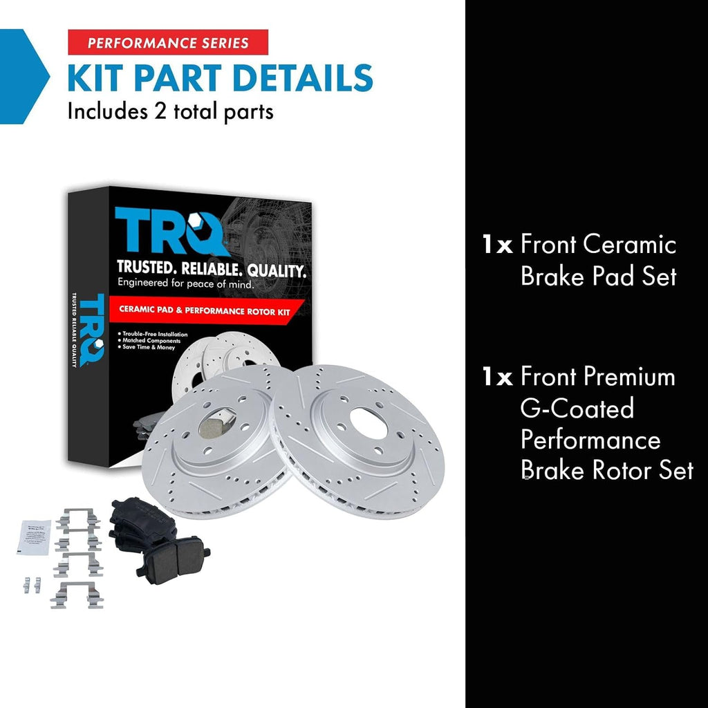 TRQ Performance Front Brake Pad & Rotor Set Ceramic Drilled Coated Rotors Compatible with 04-12 Chevrolet Malibu 08-10 HHR 05-10 Pontiac G6 07-08 G5 07-10 Saturn Aura 05-07 Ion Cobalt