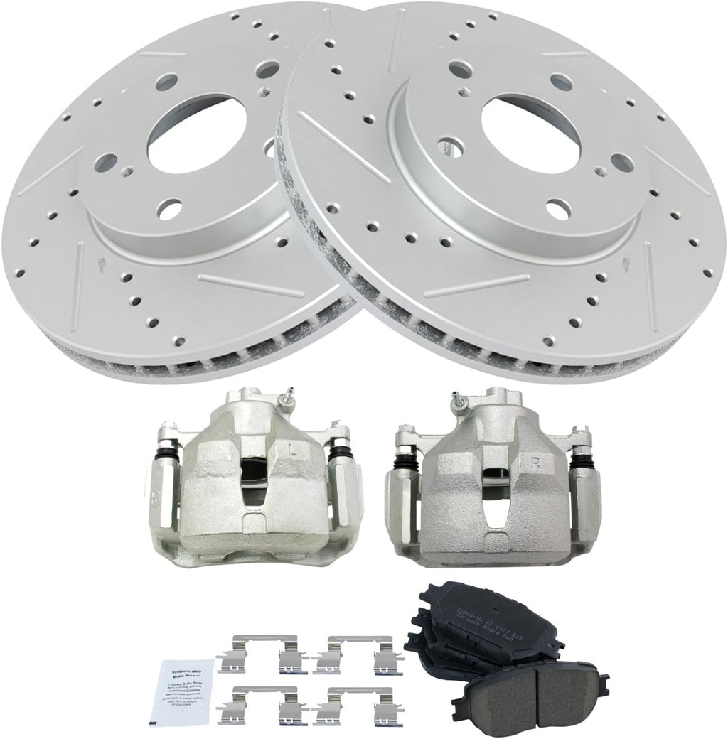 TRQ Performance Front Brake Pad and Rotor Set Ceramic Coated Drilled Slotted Vented Rotors Calipers Compatible with 2002-2006 Toyota Camry