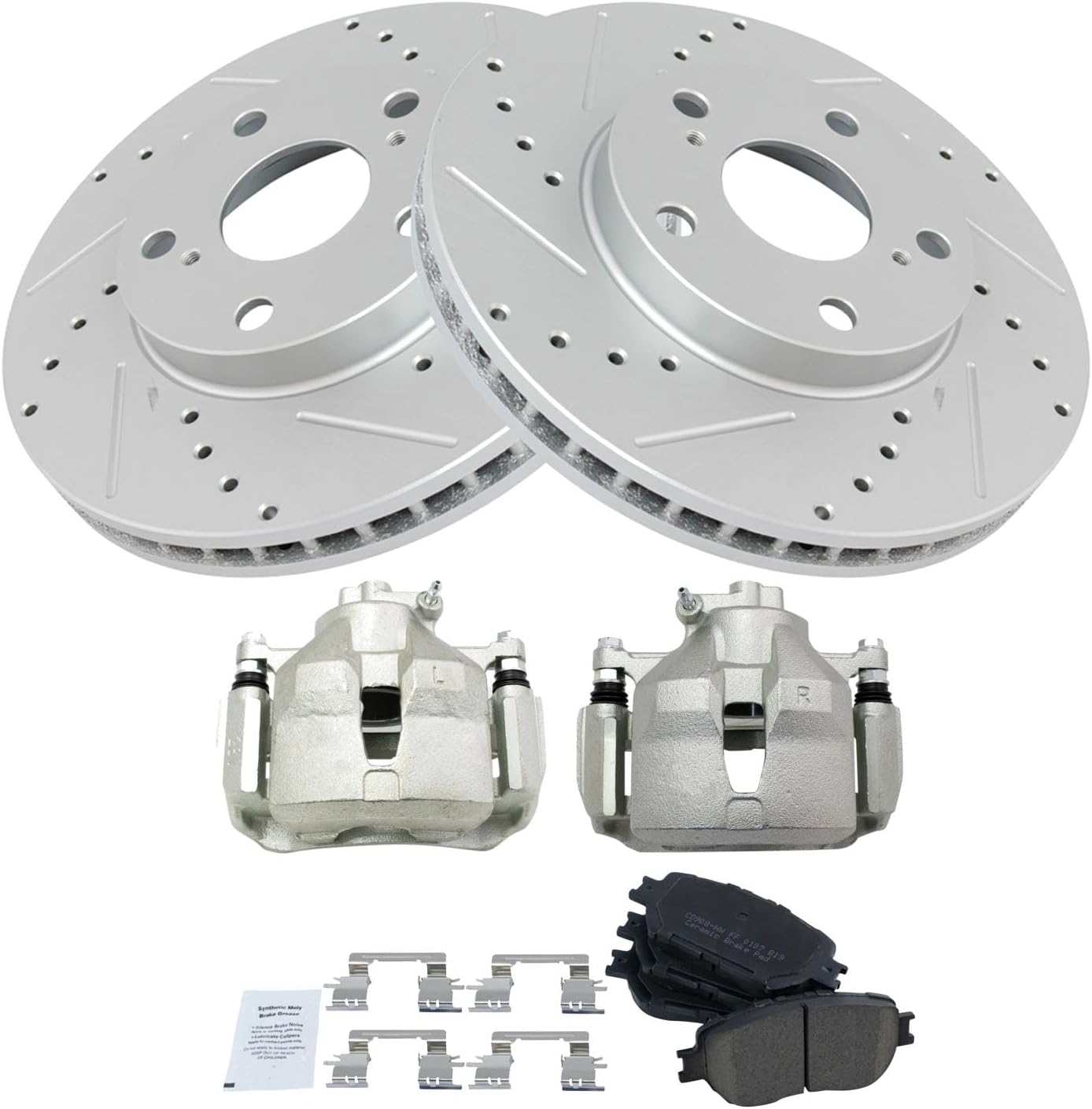 TRQ Performance Front Brake Pad and Rotor Set Ceramic Coated Drilled Slotted Vented Rotors Calipers Compatible with 2002-2006 Toyota Camry