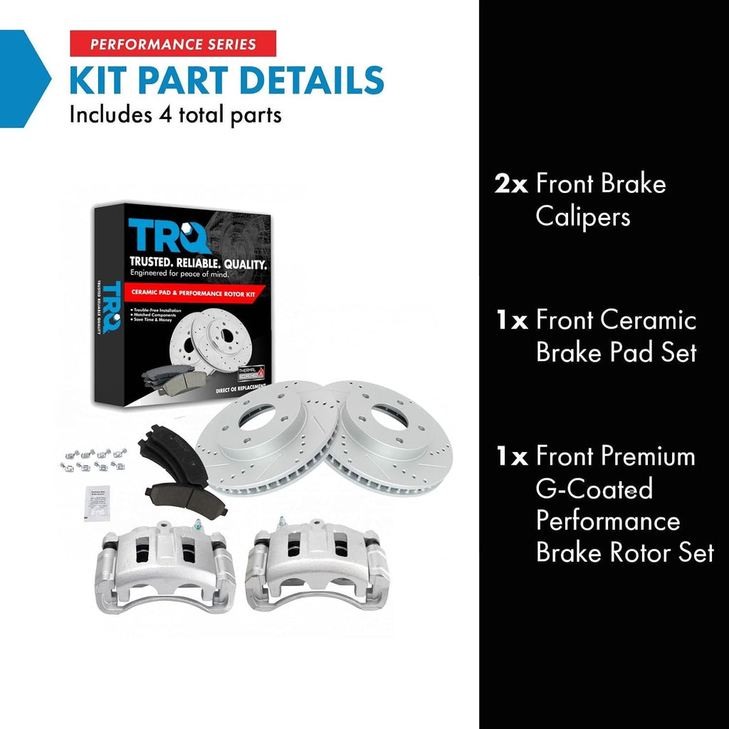 TRQ Performance Front Brake Pad and Rotor Set Ceramic Drilled Coated Rotors Calipers Compatible with 98-05 Chevrolet Blazer S10 98-03 GMC Sonoma 98-01 Jimmy Oldsmobile Bravada 98-00 Isuzu Hombre