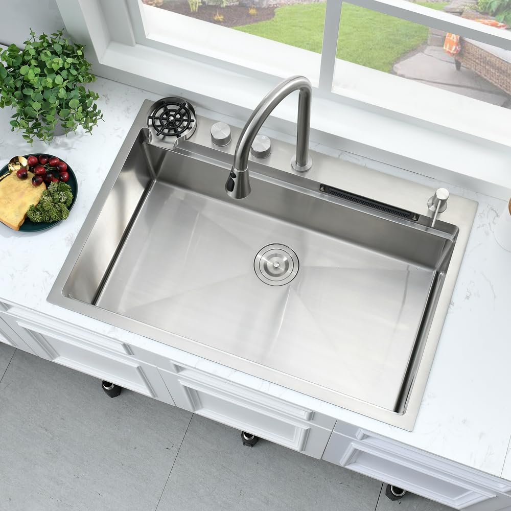 33 Inch Drop In Waterfall Kitchen Sink with Faucet Combo-Bokaiya 33x19 Drop In Sink with Cup Washer 16 Guage 10 Inch Deep Multifunctional Single Bowl Kitchen Sink Set