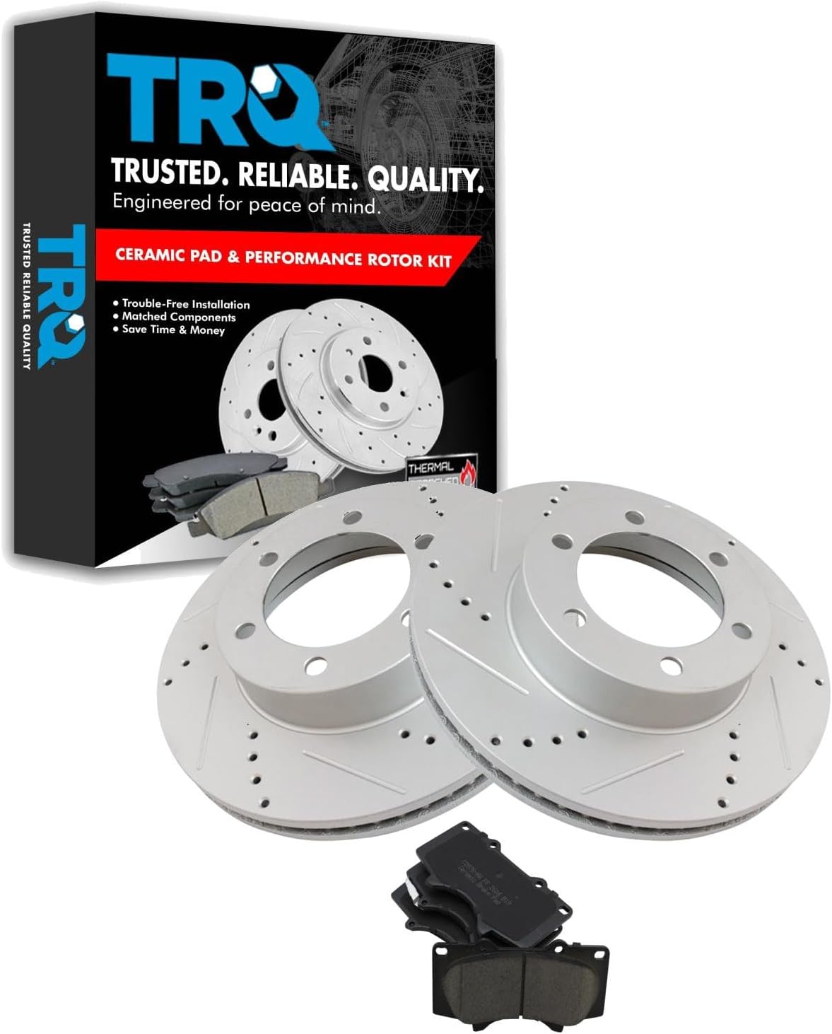 TRQ Performance Front Ceramic Brake Pad and Rotor Set 12.56 in 6-Lug for 2000-2003 Toyota Tundra with 5.3 Inch Front Pad Length 2004-2006 03 Sequoia with 04-07