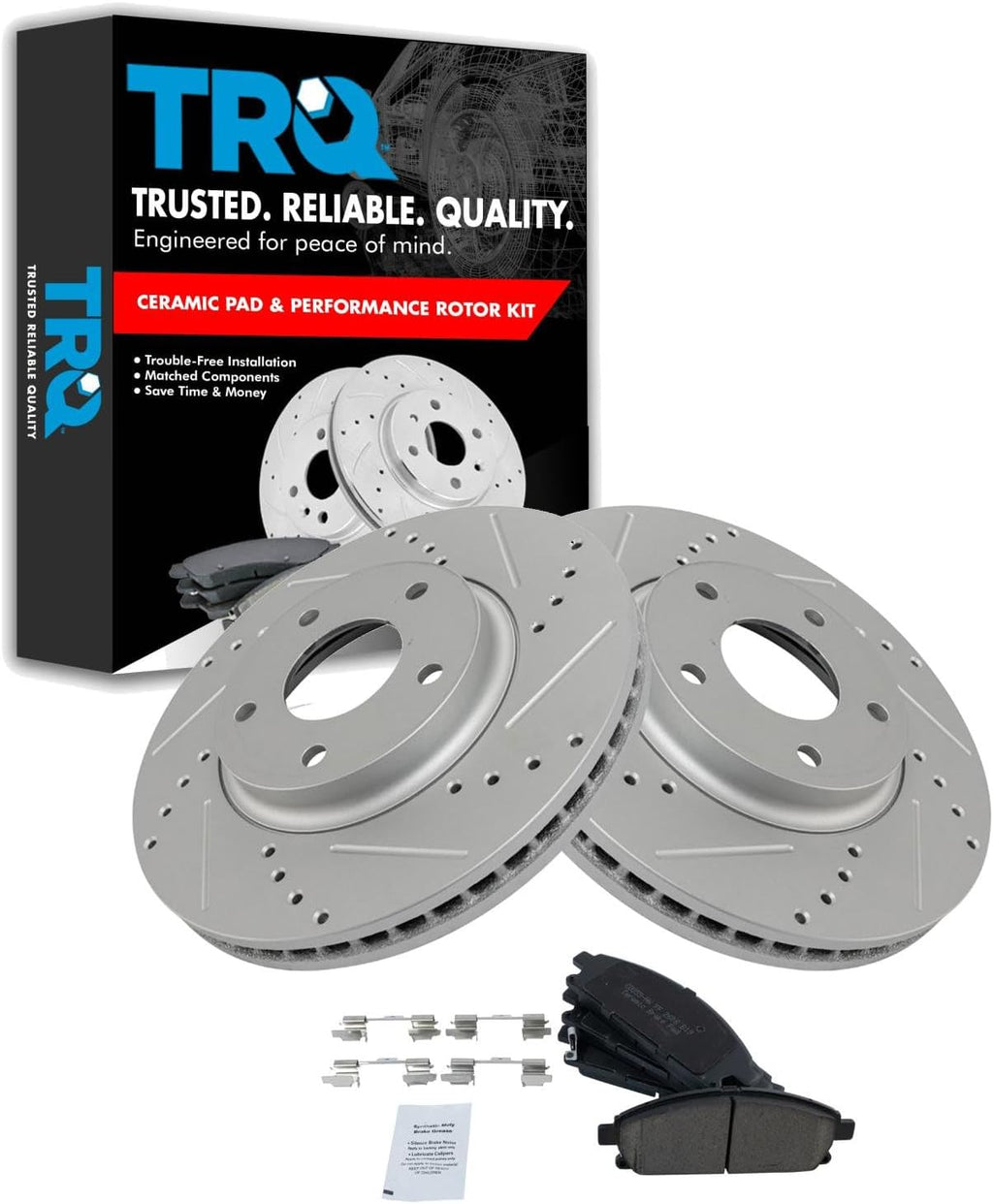 TRQ Performance Front Brake Pad and Rotor Set Ceramic Coated Drilled Slotted Vented Rotors Compatible with 2004-2009 Nissan Quest
