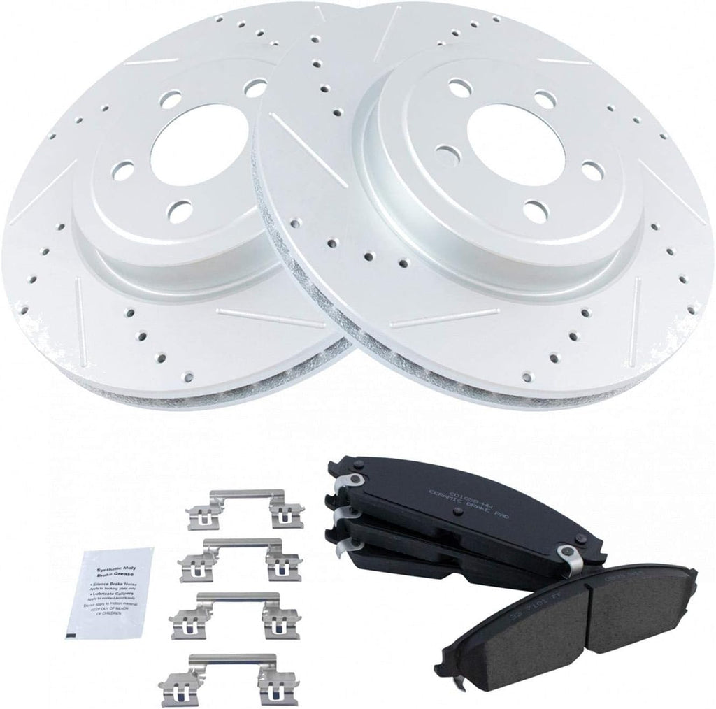 TRQ Performance Front Brake Pad and Rotor Set Ceramic Drilled Slotted G Coated Vented Rotors Compatible with 2005-2019 Chrysler 300 2009-2019 Challenger 2006-2019 Charger 2005-2008 Magnum