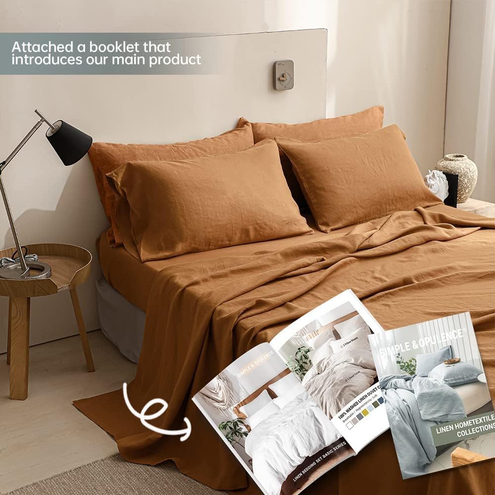 Simple&Opulence 100% Linen Sheets King Size Set, 6 Pcs Natural French Linen Bed Sheets, Breathable Soft Durable Bedding Set for All Season (Rust, King)