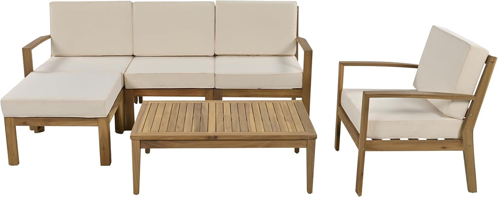 6-Piece Outdoor Patio Conversation Furniture Set, Acacia Wood Sectional Sofa Set with Coffee Table and Removable Cushion for Garden Backyard and Poolside (Beige-CC)