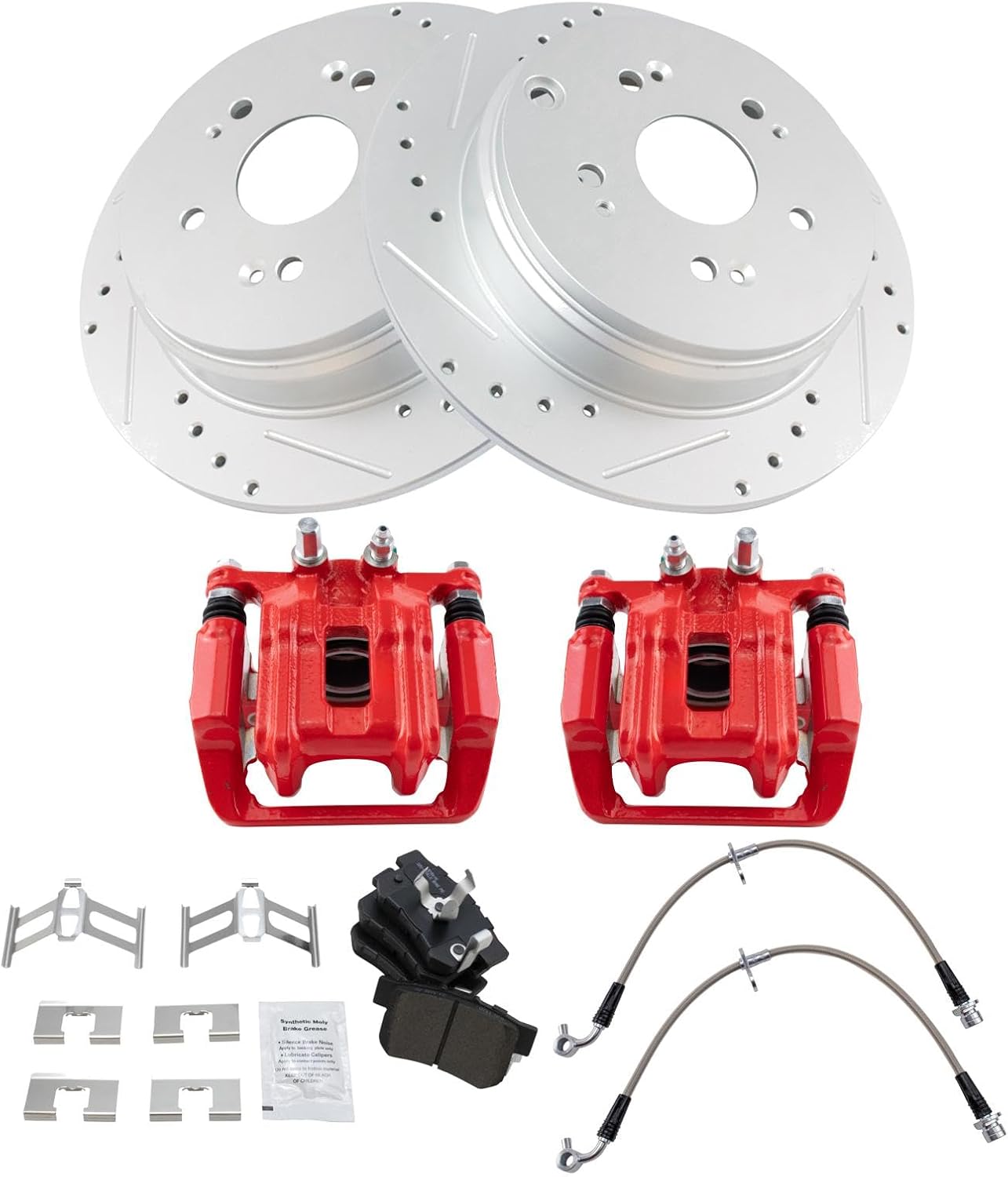 TRQ Performance Rear Brake Pad and Rotor Set Semi Metallic Coated Rotors Calipers Compatible with 2007-2011 Honda CR-V