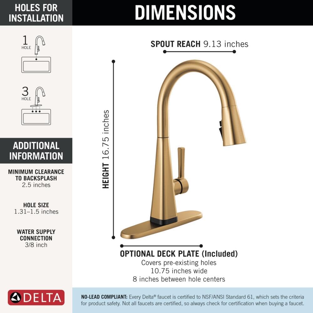 Delta Lenta Touchless Kitchen Faucet with Touch Technology, Brushed Gold Kitchen Sink Faucet with Pull Down Sprayer, Brushed Gold 19802TLZ-GB-DST