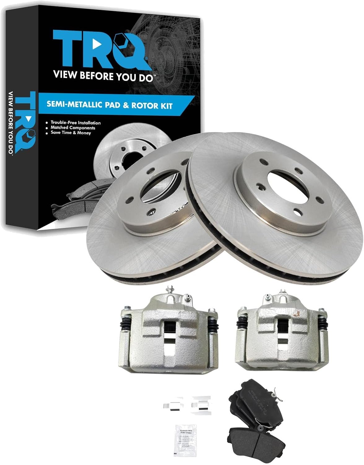 TRQ Front Brake Pad and Rotor Set Semi Metallic Rotors Calipers Compatible with 2001-2007 Ford Taurus 2002 Lincoln Continental 2001-2005 Mercury Sable
