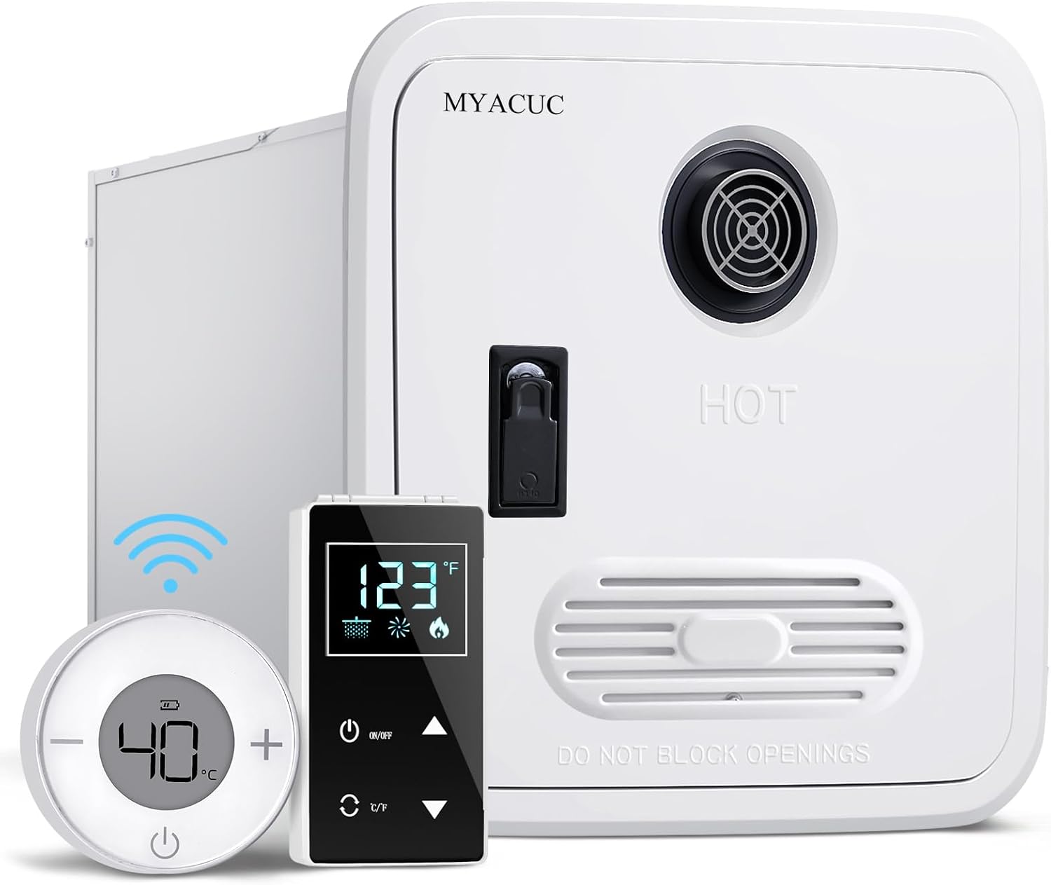 RV Tankless Water Heater Propane, MYACUC High Altitude Available CSA Certified Instant On Demand Hot Water Heater with 15' x 15' Door for Camper, Outside & Inside Dual Water Outlet