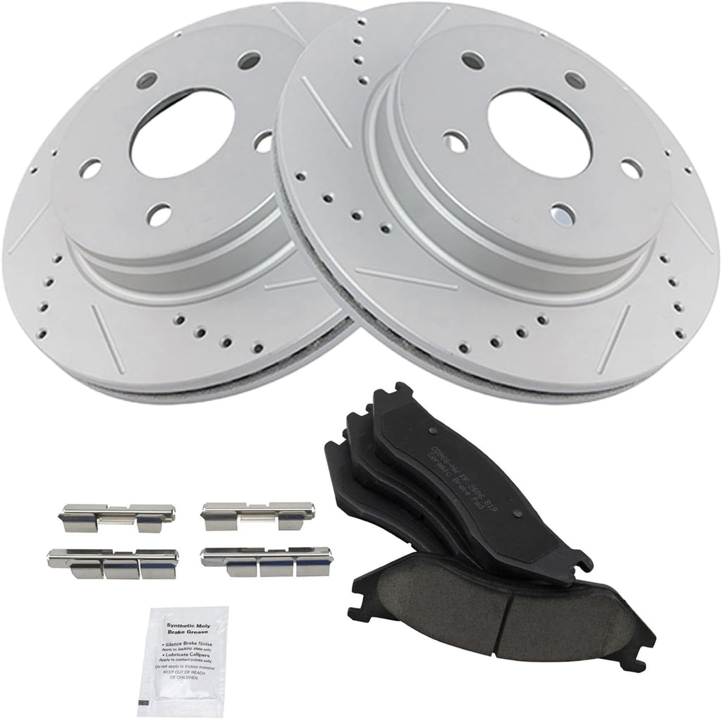 TRQ Performance Front Brake Pad and Rotor Set Ceramic Drilled Slotted G Coated Vented Rotors Compatible with 2003-2005 Dodge Ram 1500 2004-2006 Durango