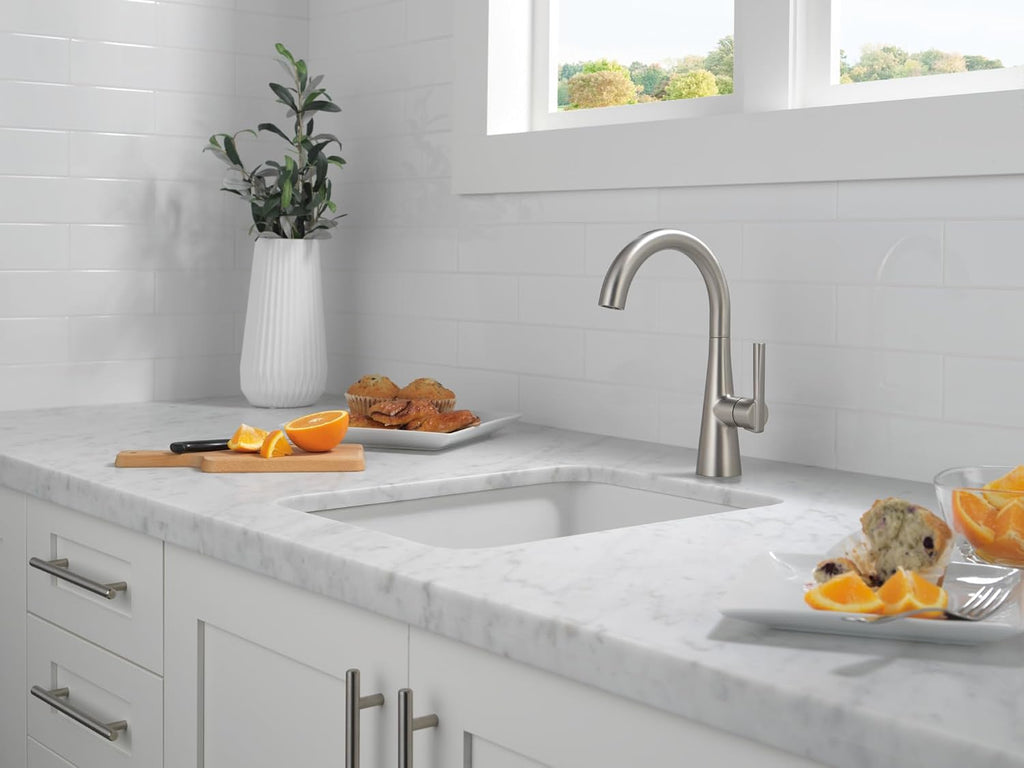Delta Modern Brushed Nickel Single Hole Bar Sink Faucet, Single Handle Prep Sink Faucet, SpotShield Stainless 14882LF-SP
