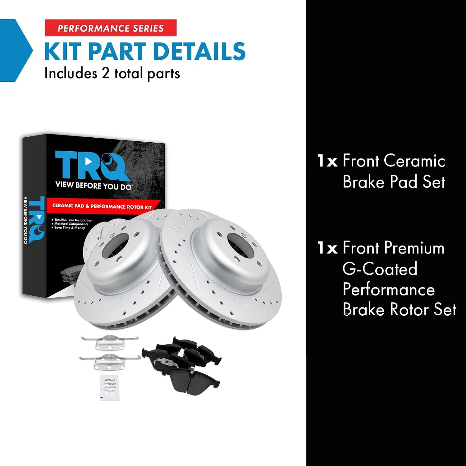 TRQ Performance Front Brake Pad and Rotor Set Ceramic G Coated Drilled Slotted Rotors Compatible with 2008-2010 BMW 535i 2004-2005 545i 2006-2010 550i 645Ci 650i