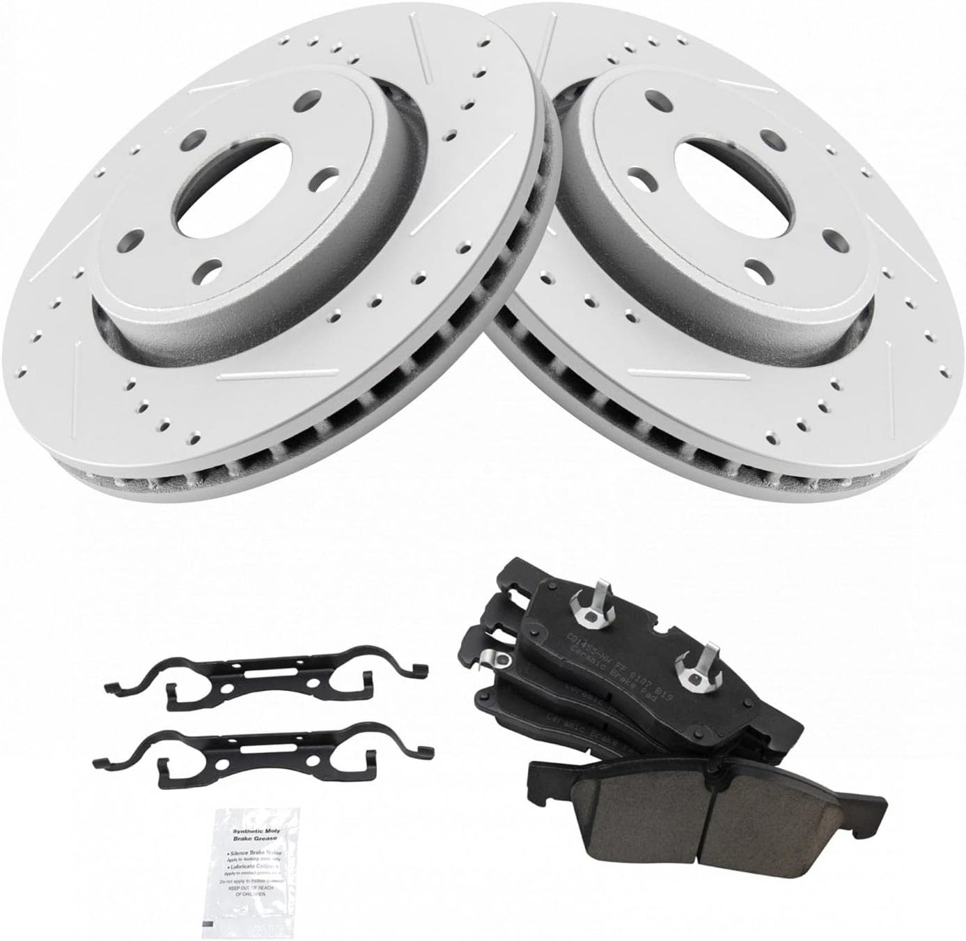TRQ Performance Front Brake Pad and Rotor Set Ceramic Drilled Slotted Coated Rotors Compatible with 2011-2016 Dodge Durango Grand Cherokee
