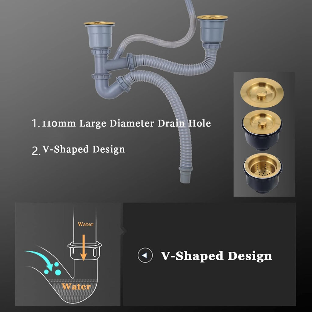 Kitchen Sink 304 Stainless Home Sink Kitchen, Double Gold Sink Kitchen, with Faucet, Clean Faucet, Soap Dispenser, Cutting Board and Accessories,Gold B-78x46cm
