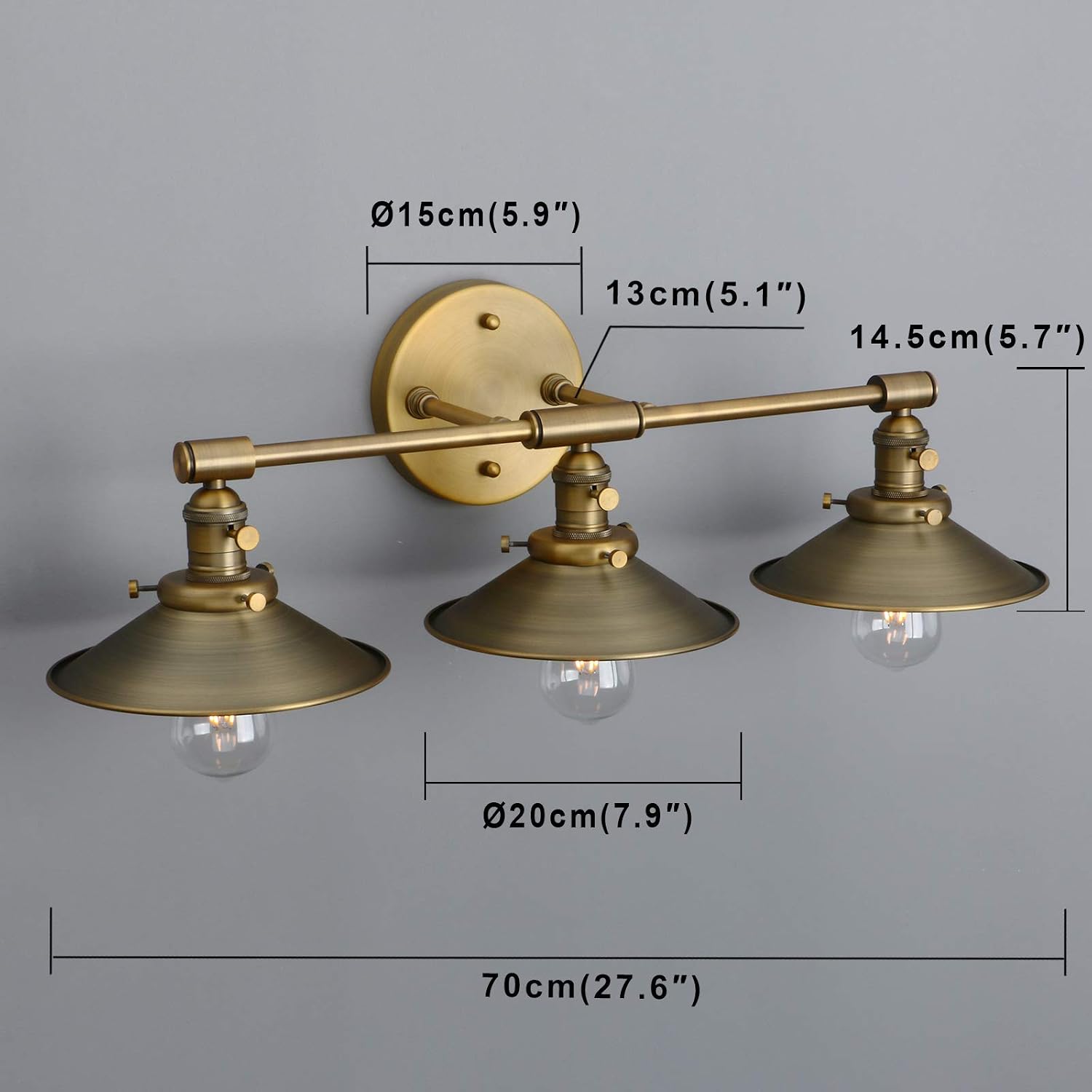 Phansthy Antique Brass Wall Sconce 3 Light Vanity Light with 7.87' Metal Flared Light Shade